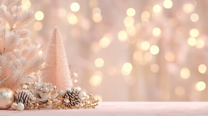 A pink background with a tree and some pine cones