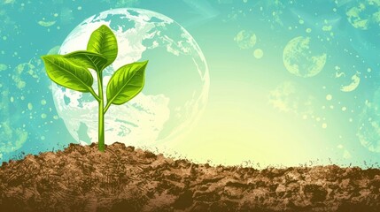 World Soil Day horizontal banner with watercolor illustration of fresh sprouts in soil. Designed as a vintage postcard with paint texture and generous free space for your message