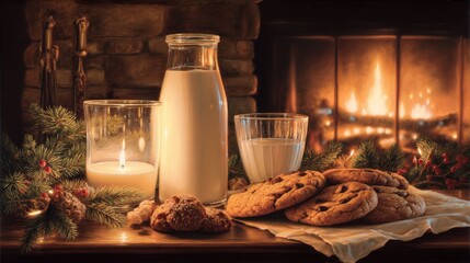 A glass of milk and a glass of milk are on a table next to a plate of cookies