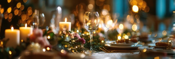 A table with a lit candle and a wine glass