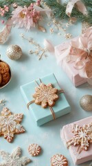 A box of cookies is on a table with other boxes and a bowl of cookies