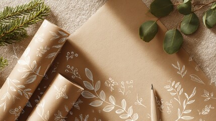 A piece of paper with a pen on it and a leafy design