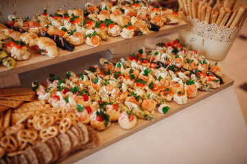 Elegant catering buffet table with assorted gourmet appetizers and canapés, decorated with salmon, red caviar, herbs, and cheese. Festive party or wedding reception food arrangement.
