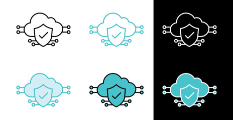 Cloud computing with security shield icon for data and network protection in line and fill style
