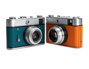 Pair of Vintage Cameras in Teal and Orange Design – isolated on transparent background