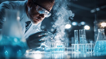 scientist in lab coat and protective goggles carefully pours liquid from flask into test tubes on workbench. Steam rises, creating mysterious atmosphere as he focuses on his experiment