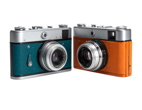 Pair of Vintage Cameras in Teal and Orange Design – isolated on transparent background