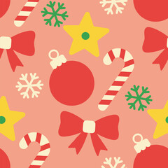 Christmas Pattern Vector. Seamless Candy, Canes, Stars Pattern. Color block Christmas Background.