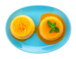 Two Variations of Caramelized Orange Flan on Blue Plates – isolated on transparent background
