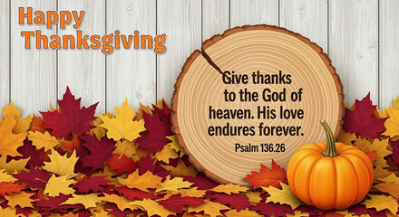 Happy thanksgiving text with autumn leaves, a pumpkin, and a wood slice featuring a bible verse about giving thanks to god for his enduring love, set against a rustic wooden background