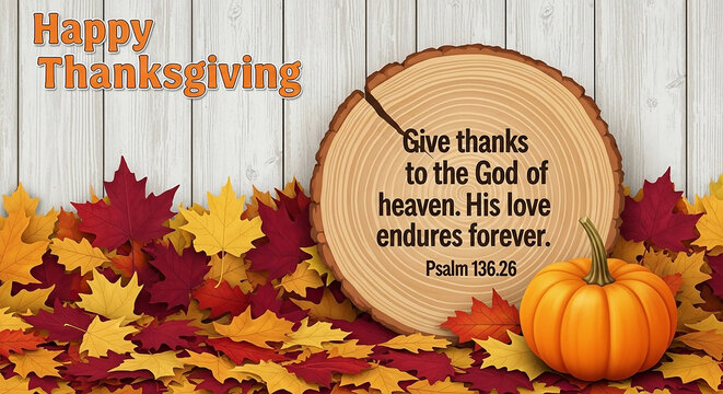 Happy thanksgiving text with autumn leaves, a pumpkin, and a wood slice featuring a bible verse about giving thanks to god for his enduring love, set against a rustic wooden background - Powered by Adobe