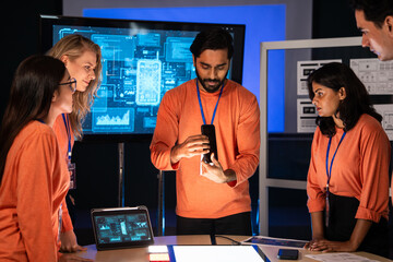 A diverse tech team in orange uniforms is collaborating on a critical UI, UX design problem. Focus on product design, mobile app development. Reviewing phone and planning strategy new project