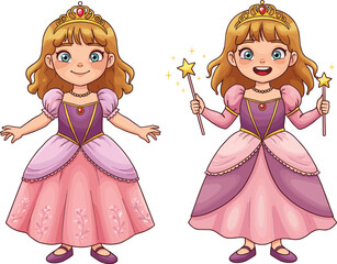 Beautiful cartoon princess girl in pink royal gown holding magic wand and smiling fantasy fairy character illustrationBeautiful cartoon princess girl in pink royal gown holding magic wand 
