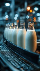 Bottles of milk moving on conveyor belt in dairy processing facility during daytime routine