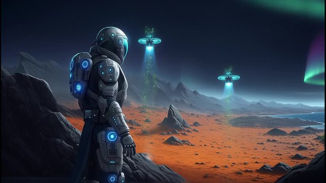 "Alien Explorer on Exoplanet with Aurora"