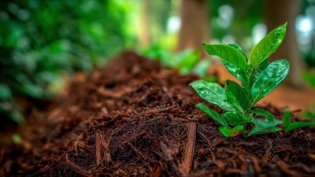 Closeup of rich compost heap with blurred background highlighting nutrientdense soil amendment for vibrant plant health.