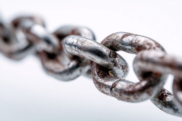 Obraz premium Close-up of a rusty metal chain link with a white background