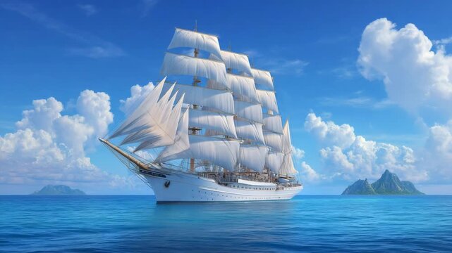 Beautiful sailing ship glides through calm azure waters under bright blue sky with fluffy clouds. Tropical island oasis embellishes background, capturing essence of serenity and adventure.