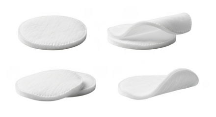 Four white foam makeup sponges isolated on transparent background with various shapes and textures