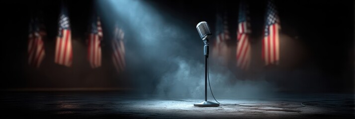 Vintage microphone stands alone in a spotlight surrounded by American flags at a dark venue