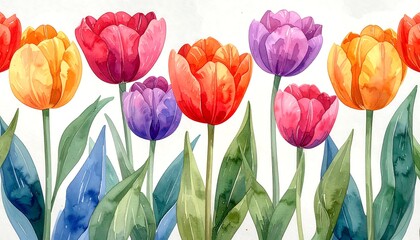 Watercolor tulips in various colors