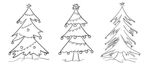 Creative scribble style, set of Christmas tree illustration on transparent background