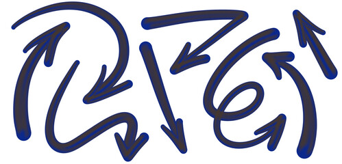 Set of blue black hand-drawn arrows pointing in different directions on transparent background.