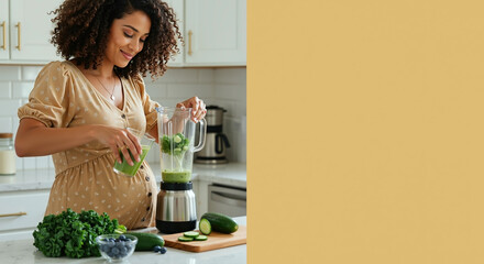 Smiling pregnant woman making healthy green smoothie in kitchen. Pregnancy nutrition and wellness lifestyle concept. Banner with copy space for text