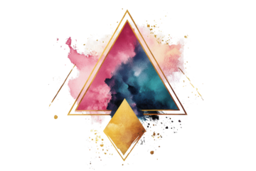 Colorful geometric triangle with ink splashes and golden accents creating an artistic design suitable for modern decor and illustrations