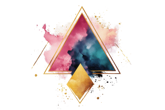 Colorful geometric triangle with ink splashes and golden accents creating an artistic design suitable for modern decor and illustrations