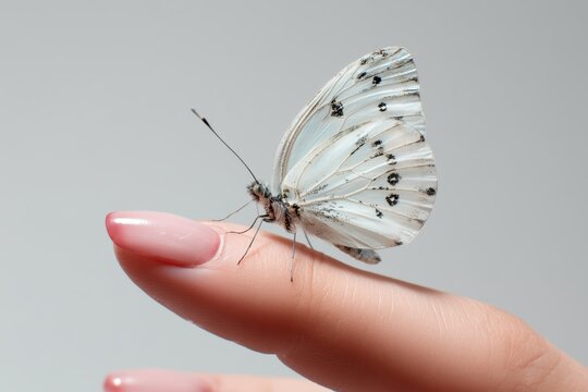 Close-up of a delicate white butterfly perched on a fingertip with a soft background - Powered by Adobe