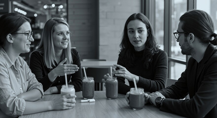 Group of young friends or colleagues having conversation in cafe. Four people discussing ideas over smoothies at table. Black and white photo of casual meeting