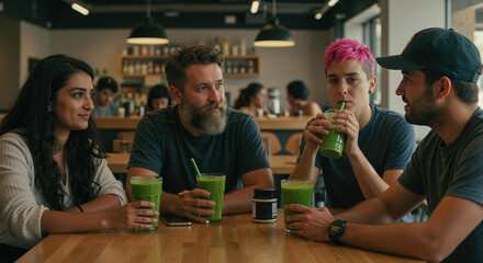 Diverse group of friends drinking green smoothies at cafe. Young adults socializing and enjoying healthy lifestyle. Wellness and community concept