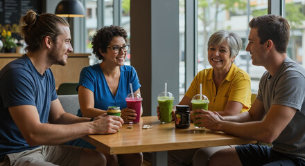 Group of friends and family talking in cafe. Diverse multi-generational people enjoying healthy smoothies together. Social wellness and healthy lifestyle concept