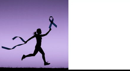 Silhouette of woman running with awareness ribbon. Charity race for cause concept on purple background with copy space