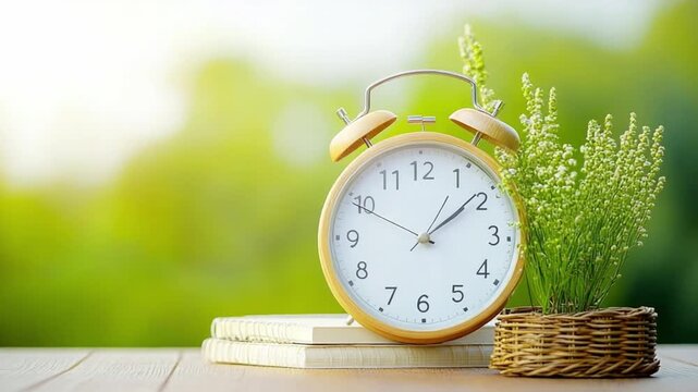 Time's Gentle Whisper: An antique clock, nestled beside a potted plant, and stacked book, bathed in the soft, diffused light of a sunny day, suggesting tranquility and the passage of time.