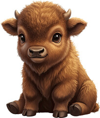 Cute Fluffy Baby Bison Cartoon Character, Young Buffalo