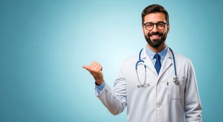 Doctor pointing to the side with a stethoscope around his neck