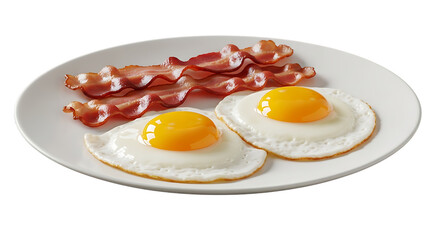 Two sunny-side up eggs and crispy bacon strips, on a white plate, isolated on white or transparent background, AI