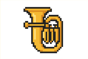 Pixel Style Tuba Icon, Vector Cartoon Musical Instrument Symbol, Brass Wind Instrument Illustration with Transparent Background, Retro Game Art Design