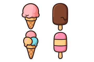 Watermelon ice cream vector set, flat style cartoon ice cream icons, colorful frozen treats collection with popsicle, cone, scoops, transparent background illustration