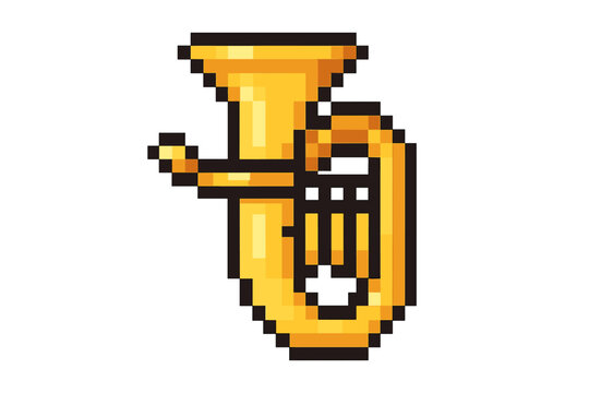 Pixel art tuba icon, musical instrument symbol in 8-bit style, golden brass instrument cartoon vector, retro game graphic, transparent background