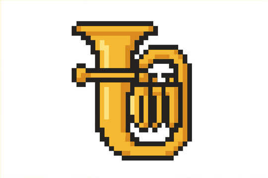 Pixel Style Tuba Icon, Vector Cartoon Musical Instrument Symbol, Brass Wind Instrument Illustration with Transparent Background, Retro Game Art Design