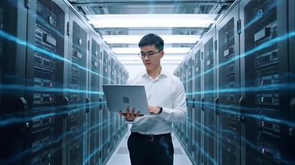 Young Asian IT Professional Monitoring Server Room with Laptop - Data Center Management and Network Security in Modern Technology Environment - Powered by Adobe