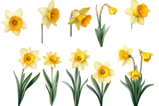 Collection of grunge-style oil painted daffodils showcasing their vibrant colors and unique shapes in various stages of bloom in a creative floral arrangement