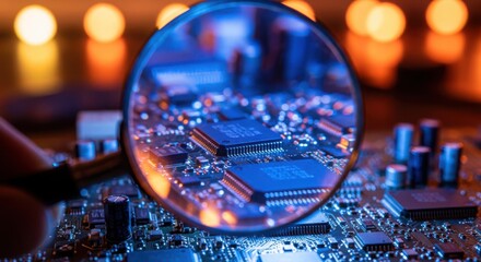 Magnifying glass over computer motherboard with glowing lights
