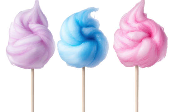 Colorful cotton candy swirls in pink, blue, and purple on sticks perfect for feasts and celebrations at fairs or parties