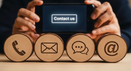 Contact us icons on wooden discs with smartphone in background