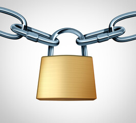 Locked Out or locking shutdown and closed symbol as a padlock with chains and lock Security symbol and privacy icon showing the concept of closing and shutting down or blockade and blocked access.