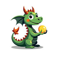 Obraz premium Cartoon dragon isolated on white background, featuring a friendly smile, showcasing a cute design. Isolated cartoon dragon, with its bright green color and adorable horns, holds a shining golden orb.
